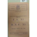 1939/40 FA XI v RAF XI, a programme from the game played at Dulwich Hamlet on 30/03/1940, this was i