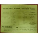 1911/12 Rugby League, Midlands And The South v Australians, a programme from the game played at Cove