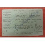 1922 England v Scotland, a rare complete unused ticket from the game played at Aston Villa on 08/