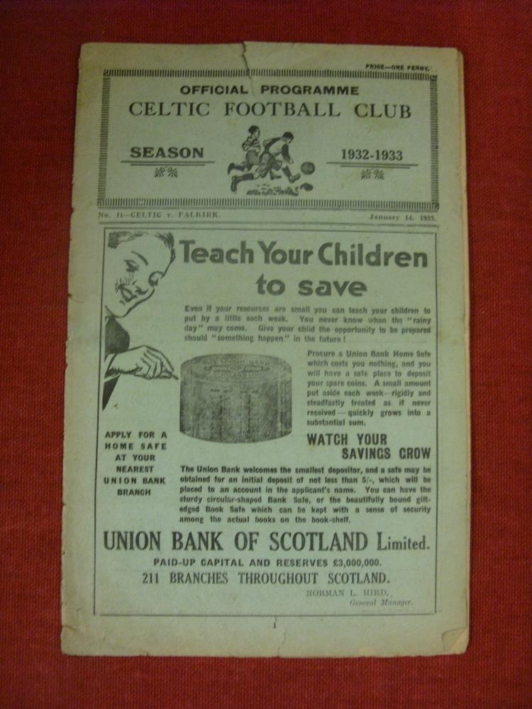 1932/33 Celtic v Falkirk, a programme from the game played on 14/01/1933, sl tear