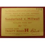 1936/37 FA Cup Semi-Final Replay, Sunderland v Millwall, a rare ticket from the game played on 14/