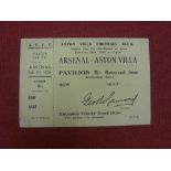 1925/26 Aston Villa v Arsenal, an unused ticket from the FA Cup tie played on 20/03/1926. The ticket