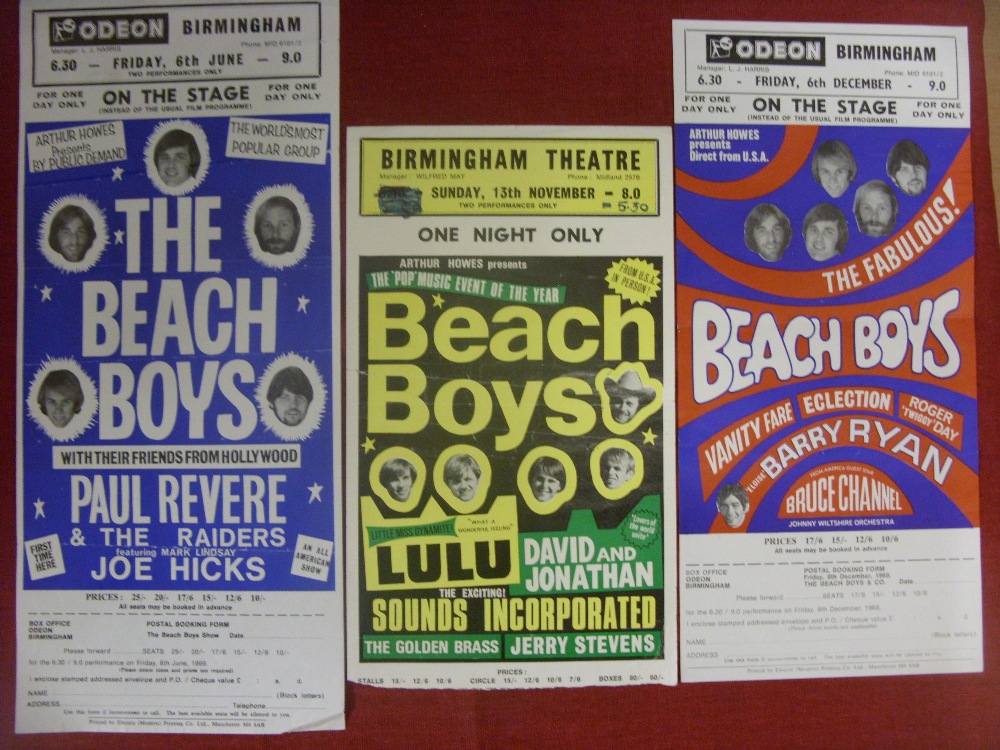 Pop Music Memorabilia, a collection of 3 Pop Flyers, advertising future concerts, The Beach Boys (