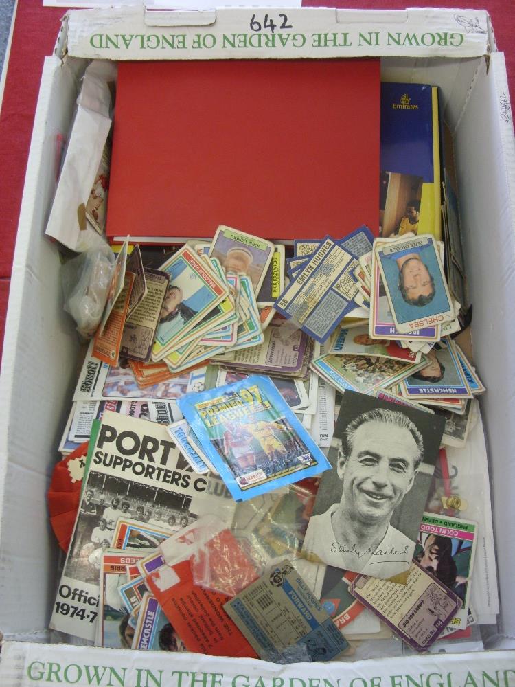 Football Memorabilia, a collection of trade cards, rosettes, magazines and inserts etc, a good