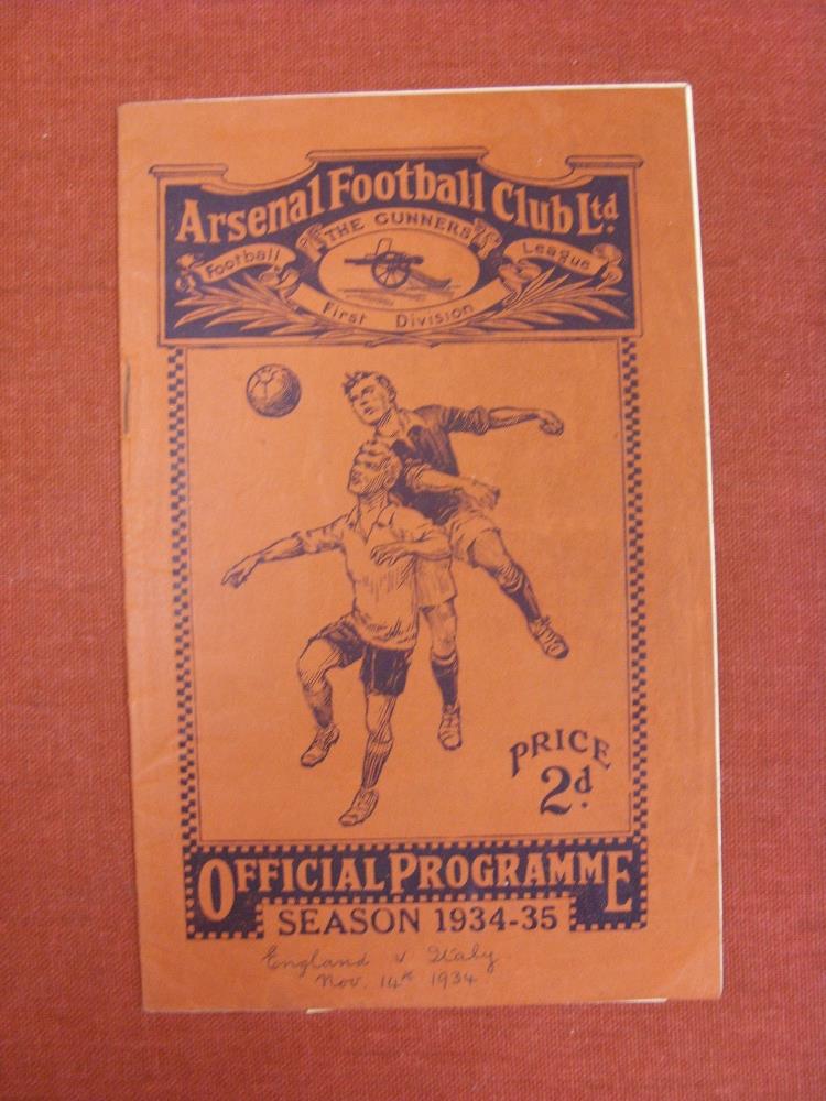 1934 England v Italy, a programme from the game played at Arsenal on 14/11/1934, nof, slight marked