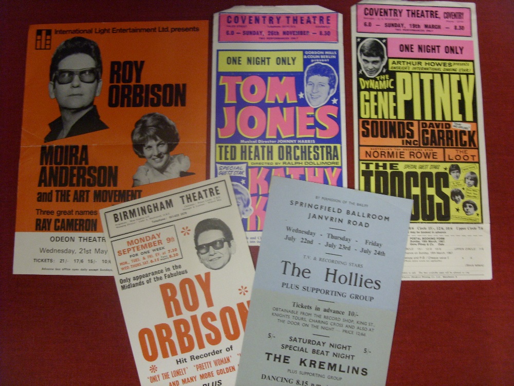 Pop Music Memorabilia, a collection of 5 Pop Flyers, advertising future concerts, The Hollies,