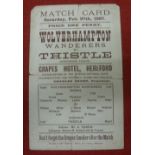 1896/1897 Hereford Thistle v Wolverhampton Wanderers, a very rare card style programme for the