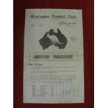 1937/38 Rugby League, Warrington v Australia, a programme from the game played on 27/11/1937,