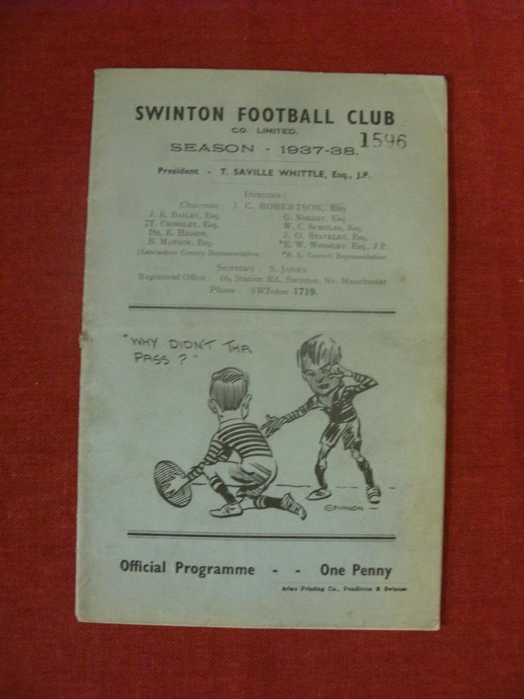 1938/38 Rugby League, Swinton v Wigan, a programme from the game played on 16/10/1937