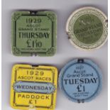 ASCOT HORSERACING Four official badges / passes: Grandstand Thursday 1920, Grandstand Tuesday