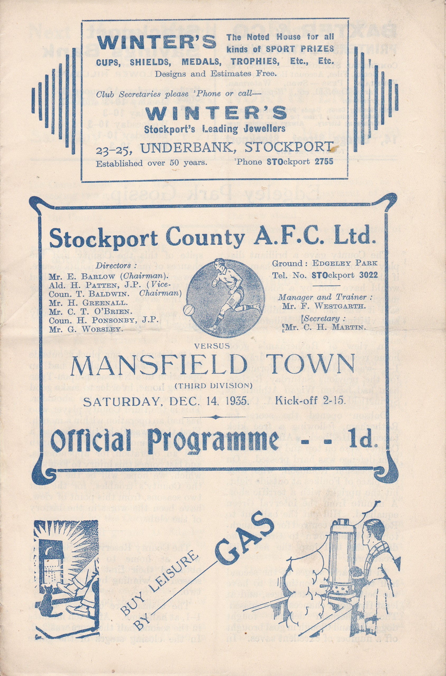 STOCKPORT - MANSFIELD 1935 Stockport home programme v Mansfield, 14/12/1925, not a good day for