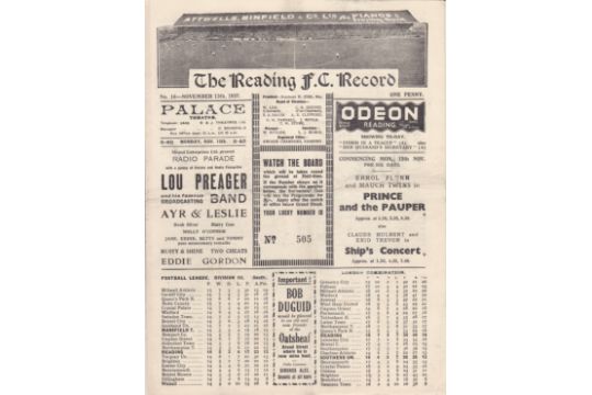 READING- MANSFIELD 1937 Reading home programme v Mansfield, 13/11/1937, 3-2 victory for Reading, - Image 1 of 3