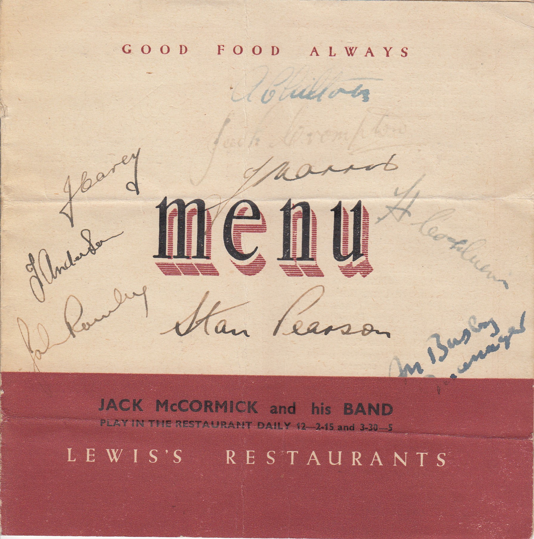 MANCHESTER UNITED MENU Autographed menu from the famous Lewis's Department store in Manchester. - Image 2 of 2