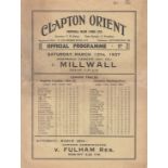 CLAPTON ORIENT - MILLWALL 1937 Clapton Orient home programme v Millwall, 13/3/1937, Division 3