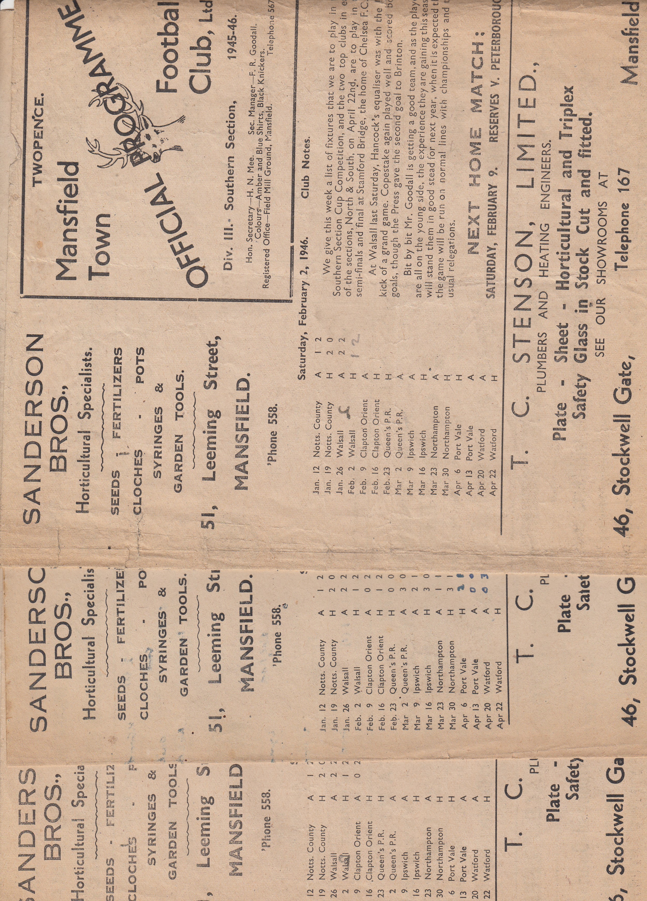 MANSFIELD 45-46 Three Mansfield home four page programmes, all 45/6, v Walsall 2/2/46, v Clapton - Image 2 of 2