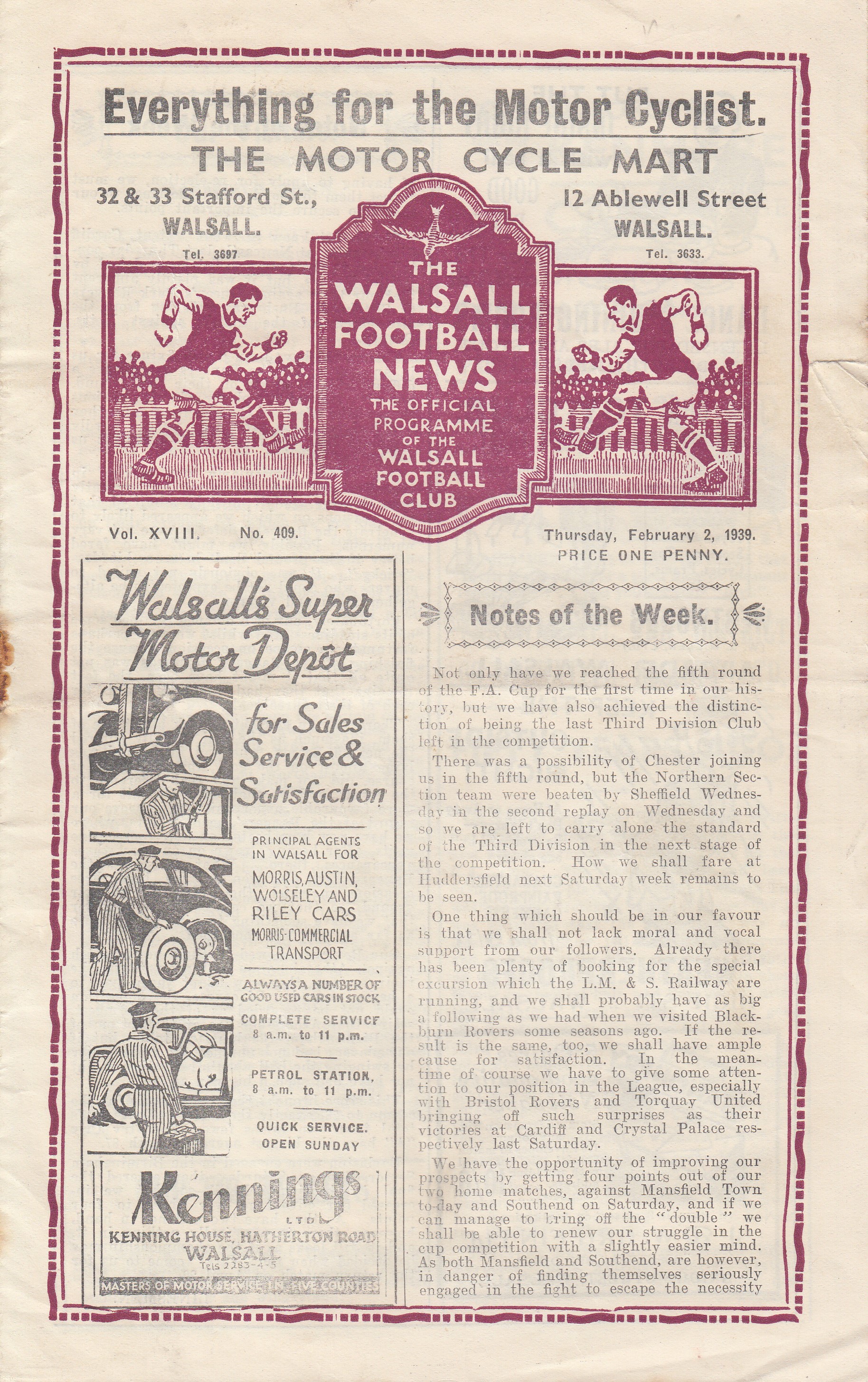 WALSALL - MANSFIELD 1939 Walsall home programme v Mansfield , 2/2/1939. A small crowd of 2,980 saw