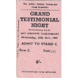 SHREWSBURY TOWN TICKET Seat ticket for the Arthur Rowley Testimonial 27/10/1965 with very small