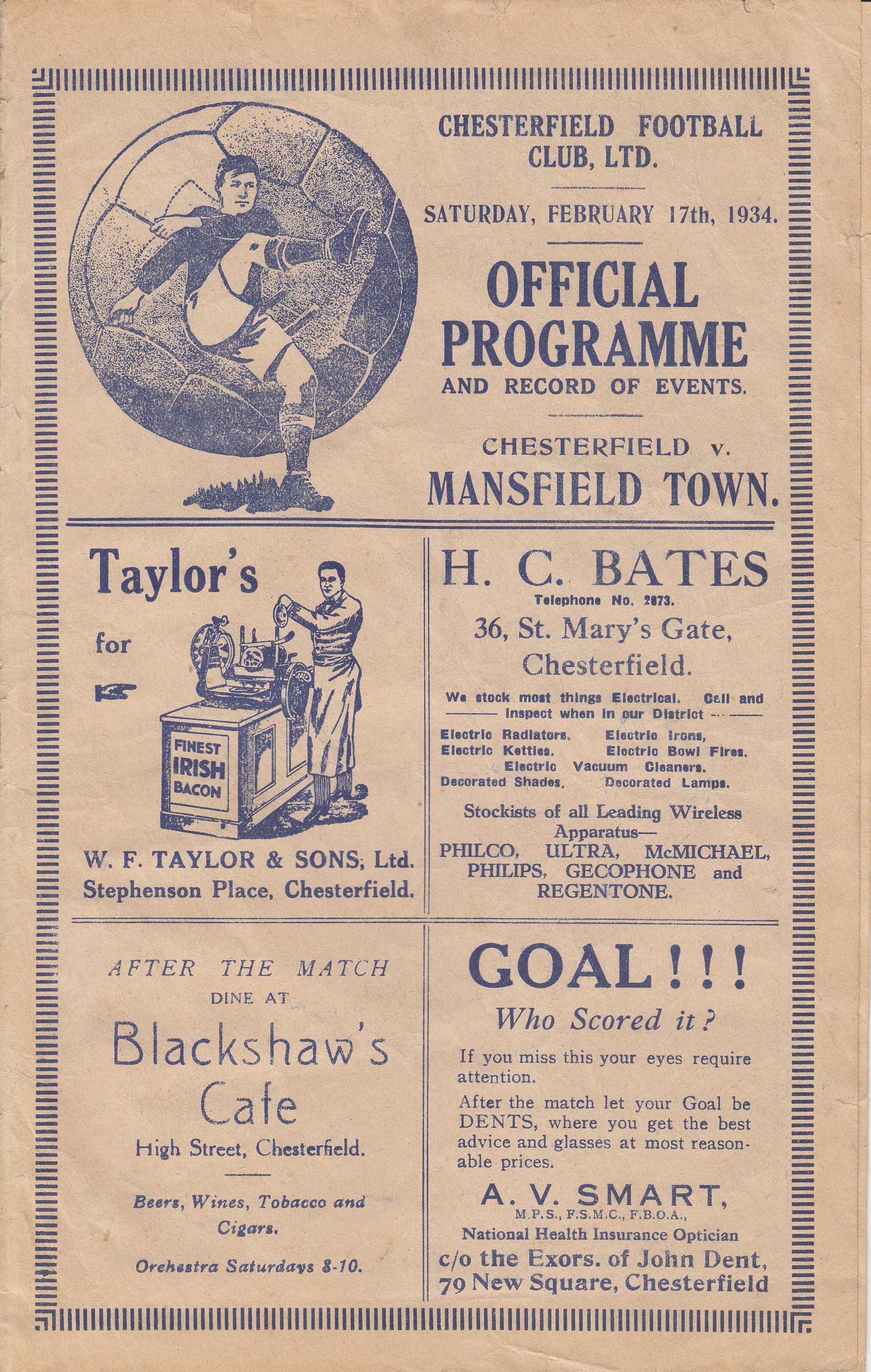 CHESTERFIELD - MANSFIELD 1934 Chesterfield home programme v Mansfield, 17/2/1934, Chesterfield