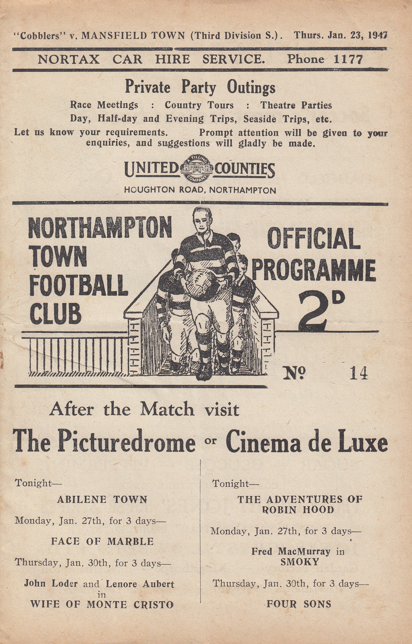 NORTHAMPTON - MANSFIELD 47 Northampton home programme v Mansfield, 23/1/47, Thursday afternoon. Only