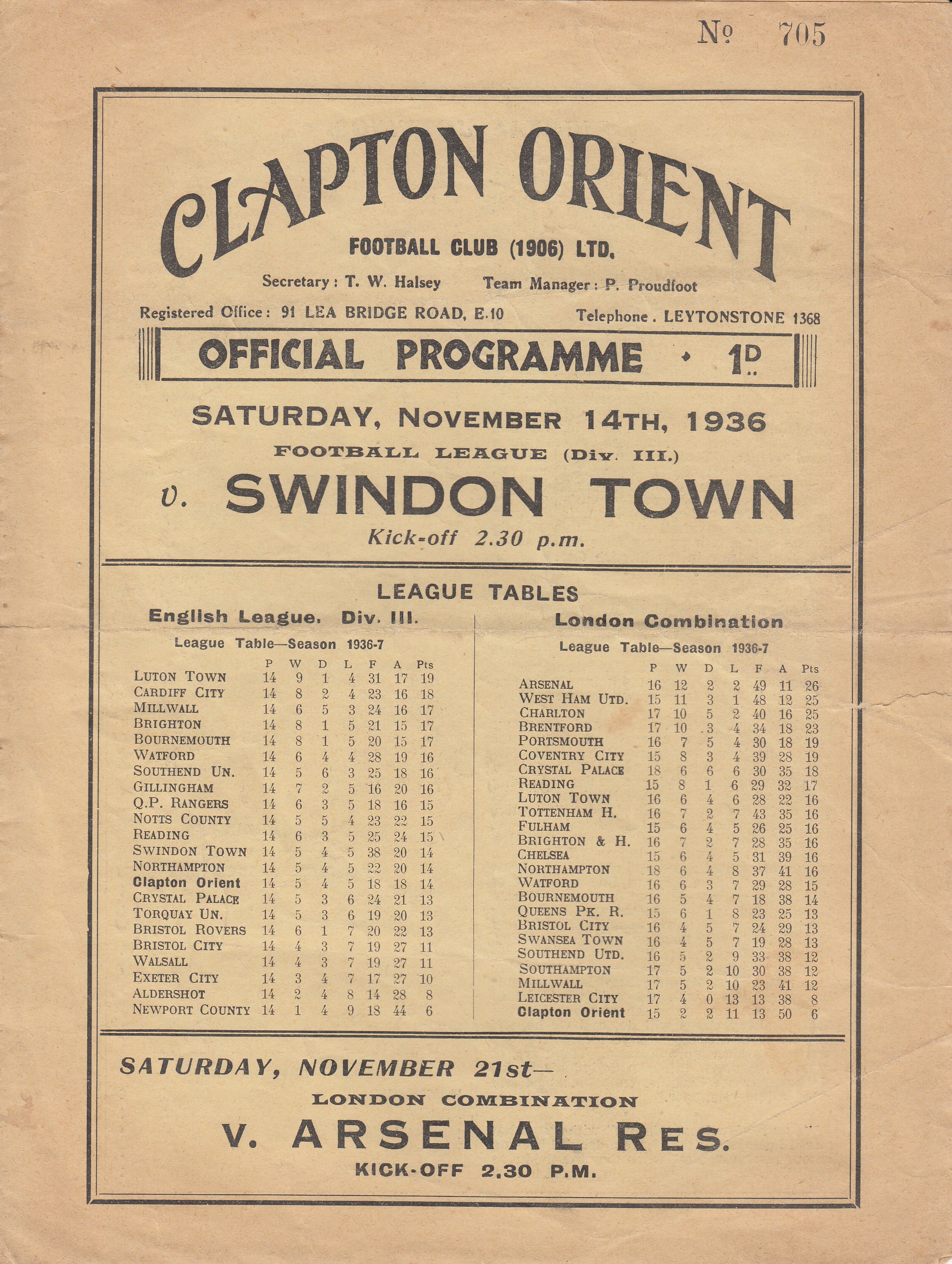 CLAPTON ORIENT- SWINDON 1936 Clapton Orient home programme v Swindon, 14/11/1936, Division 3