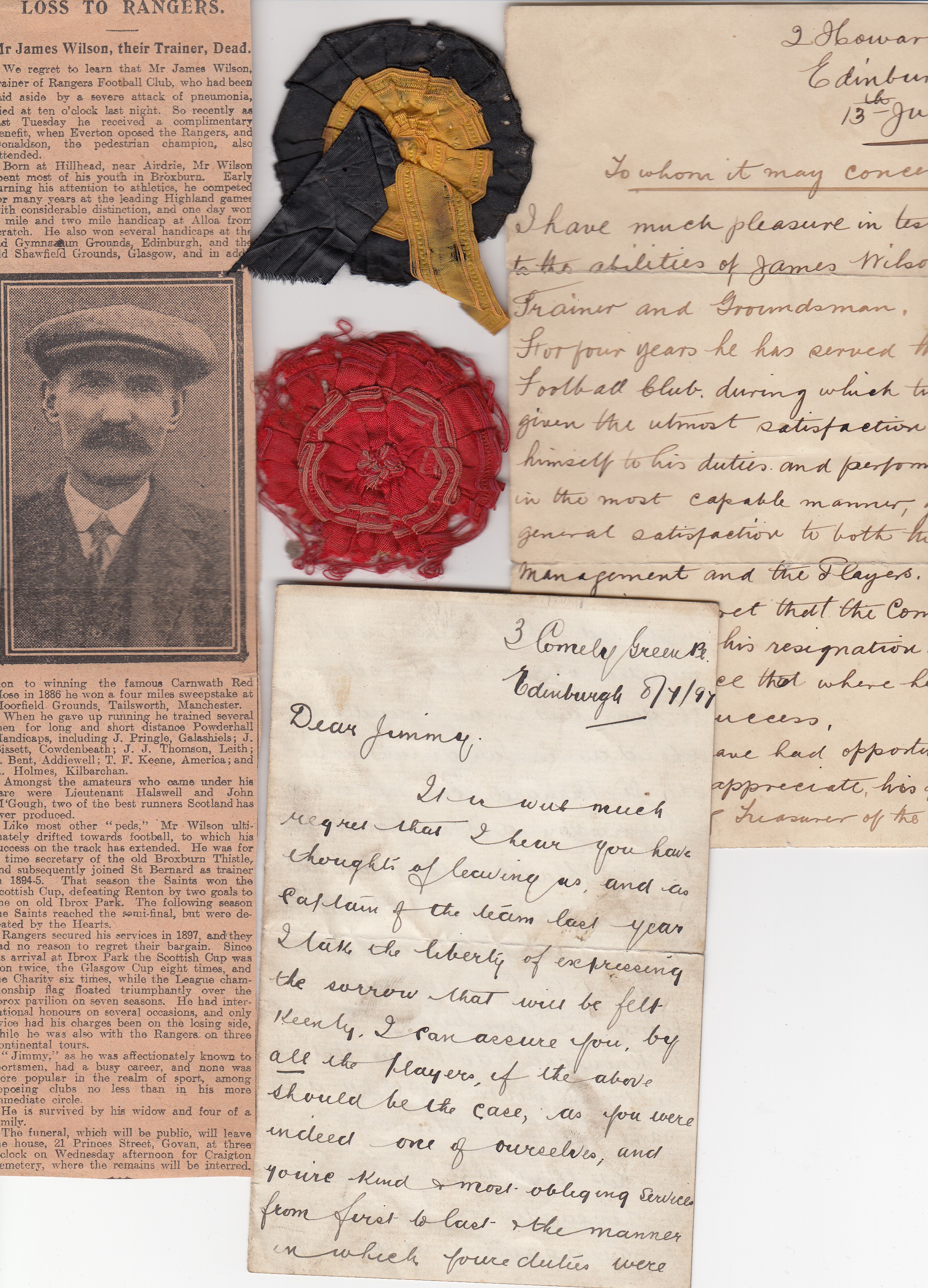 JAMES WILSON -RANGERS - ST BERNARDS Six items relating to James Wilson, rare correspondence and