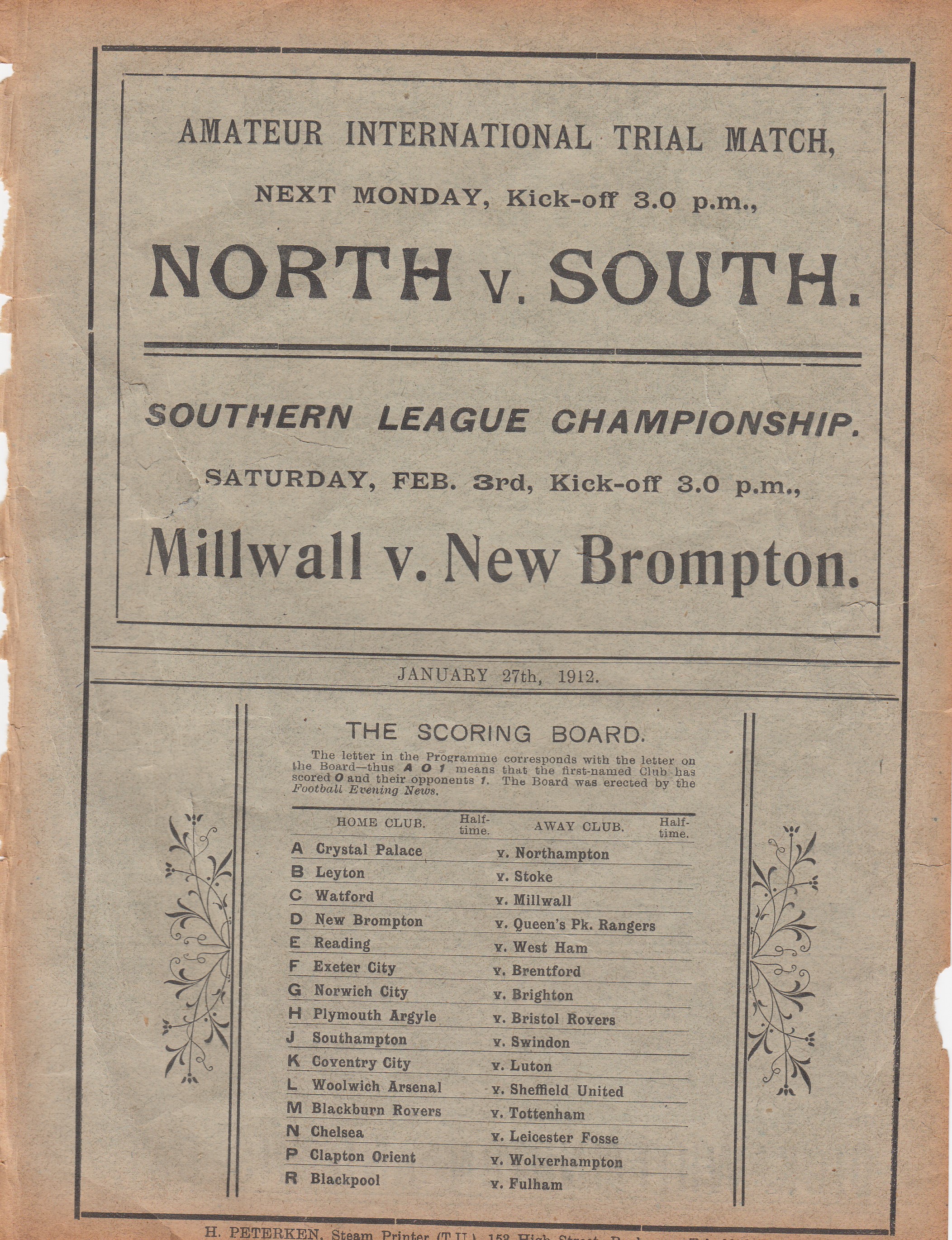 MILLWALL Single sheet programme Millwall v Walthamstow Grange London League 27th January 1912. Ex