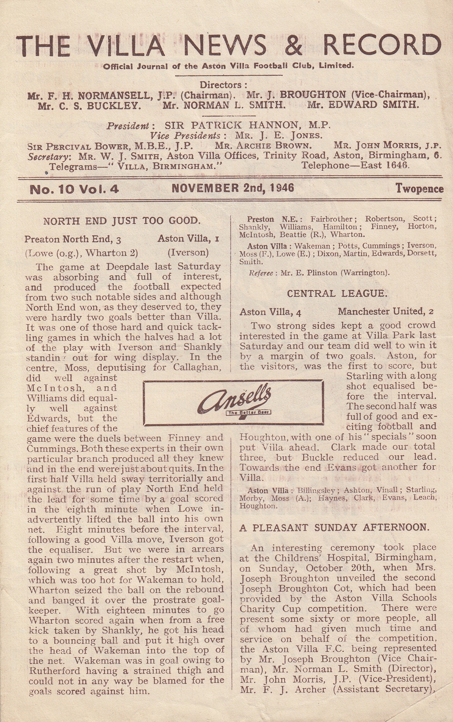 ASTON VILLA - MAN UTD 46 Villa home programme v Man Utd, 2/11/46, slight fold, four page issue. - Image 2 of 2