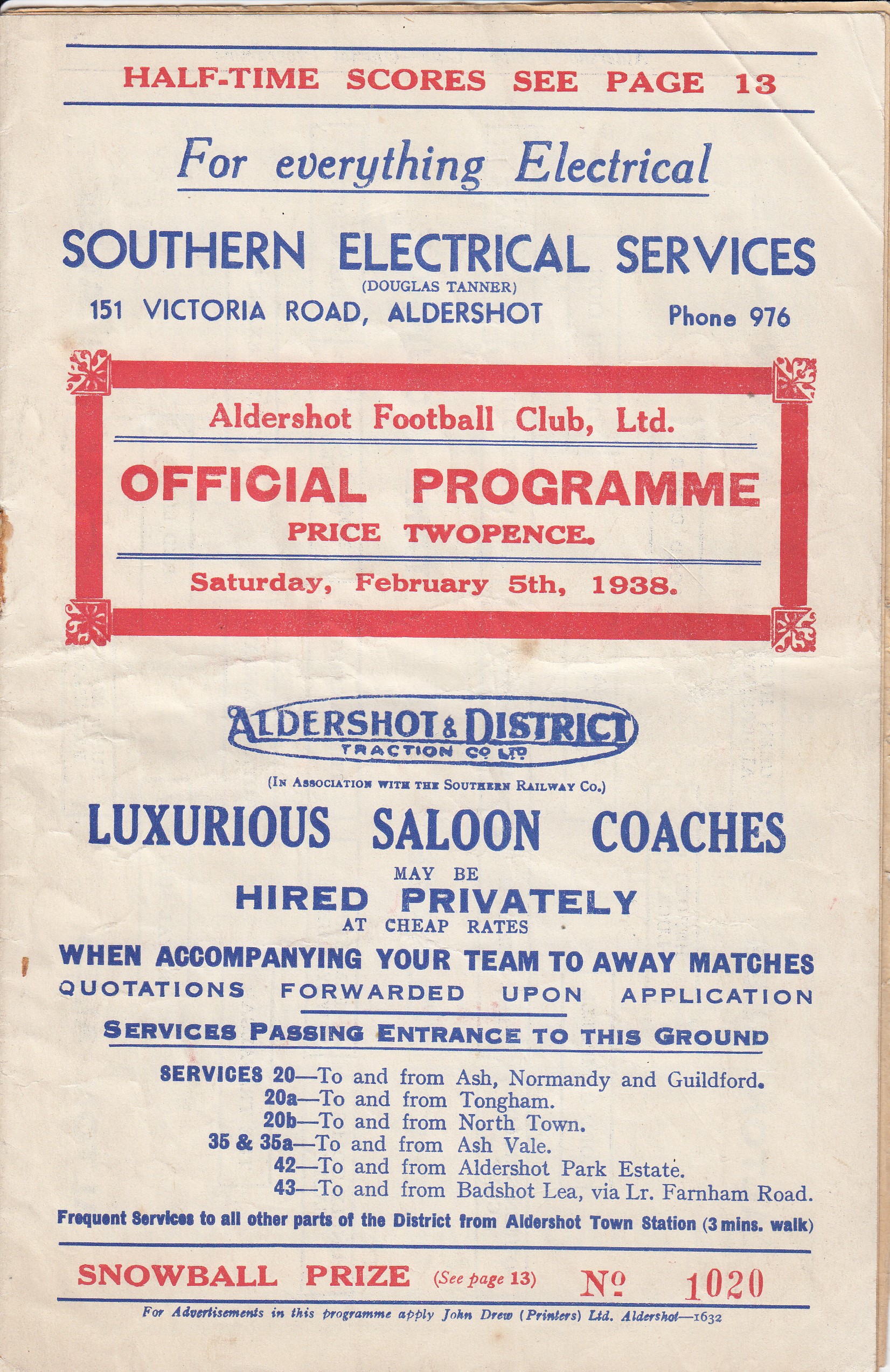 ALDERSHOT 1938 Programme Aldershot v Watford 5th February 1938. Lacks staples due to rust. Fair-