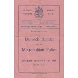 DULWICH HAMLET 1940 Four page Dulwich Hamlet programme v Metropolitan Police, 14/12/1940, London