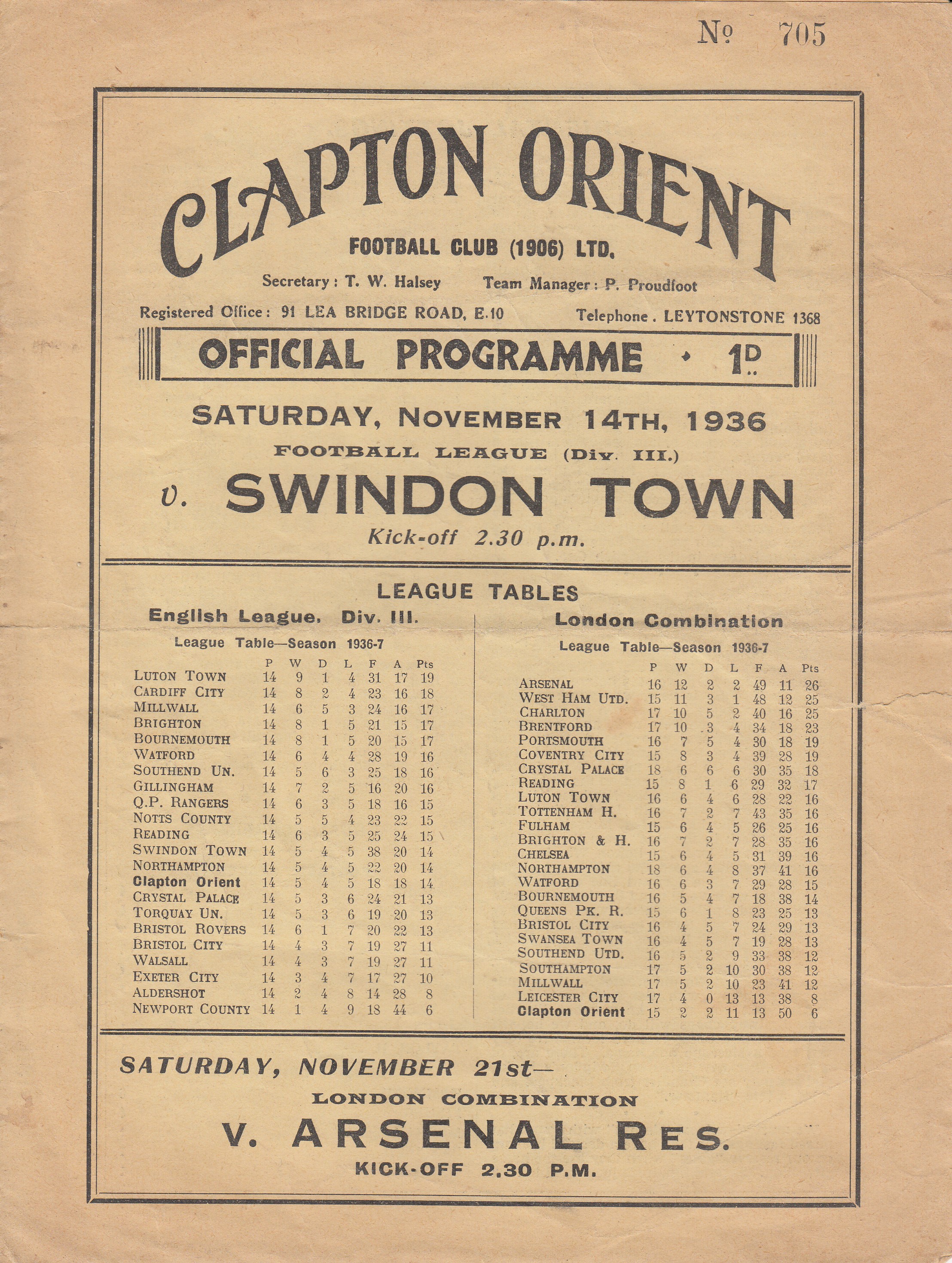 CLAPTON ORIENT- SWINDON 1936 Clapton Orient home programme v Swindon, 14/11/1936, Division 3 - Image 2 of 2