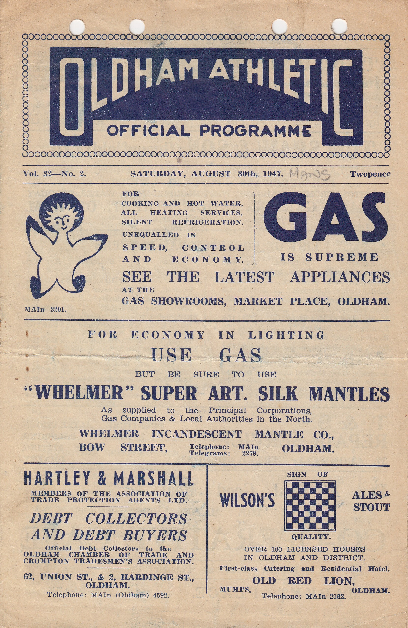 OLDHAM - MANSFIELD 47 Oldham home programme v Mansfield 30/8/47, four punch-holes to top edge of