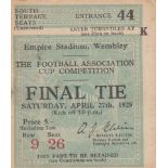 1929 CUP FINAL Match ticket for 1929 Cup Final, South Terrace Seats, Row 9 seat 26, annotation to