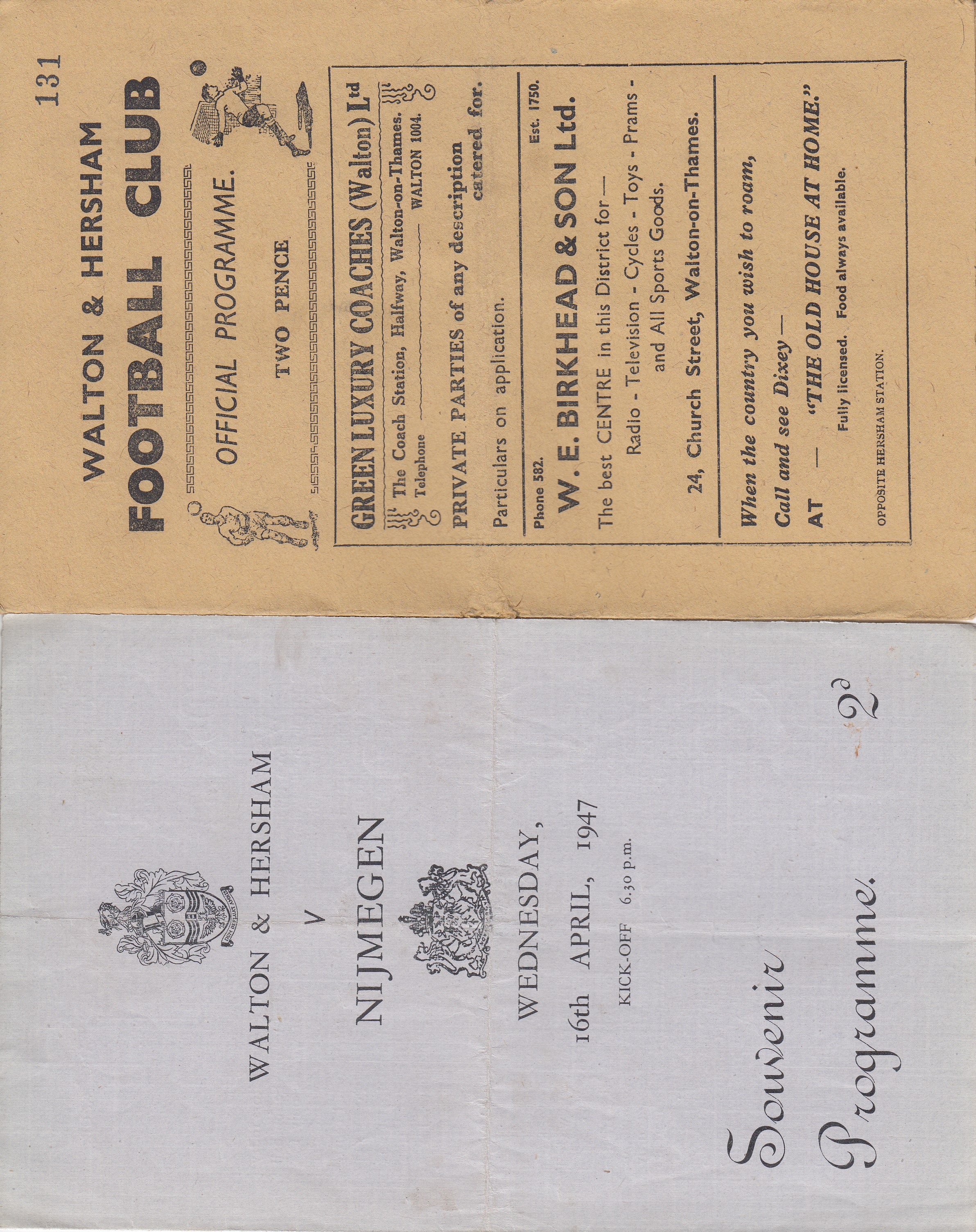 WALTON & HERSHAM 46-7 Two home programmes for friendlies, 46-7, v Epsom 31/8/46 and v Nijmegen ( - Image 2 of 3