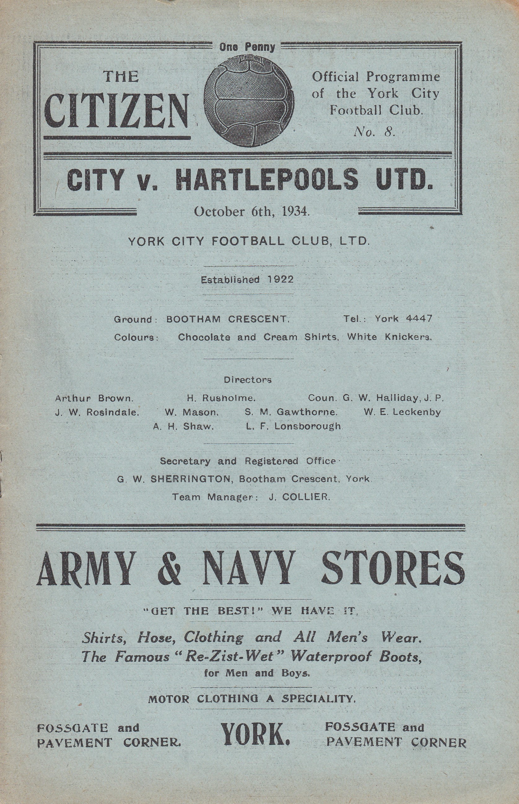 YORK - HARTLEPOOLS 1934 York home programme v Hartlepools Utd, 6/10/1934, Division 3 North. Good - Image 3 of 3