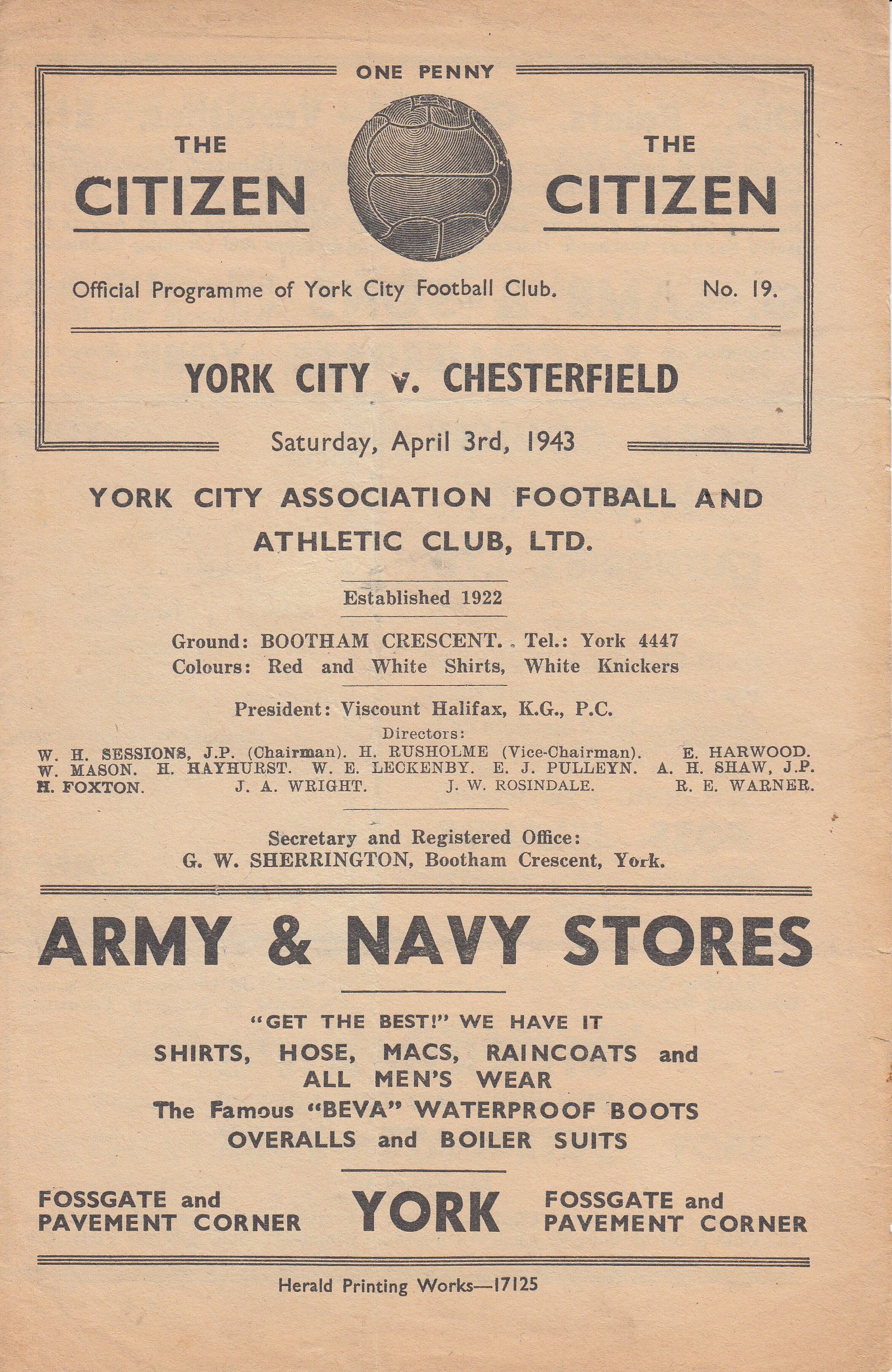 YORK - CHESTERFIELD 1943 York home programme v Chesterfield,, 3/4/43, four page issue, League War - Image 2 of 3