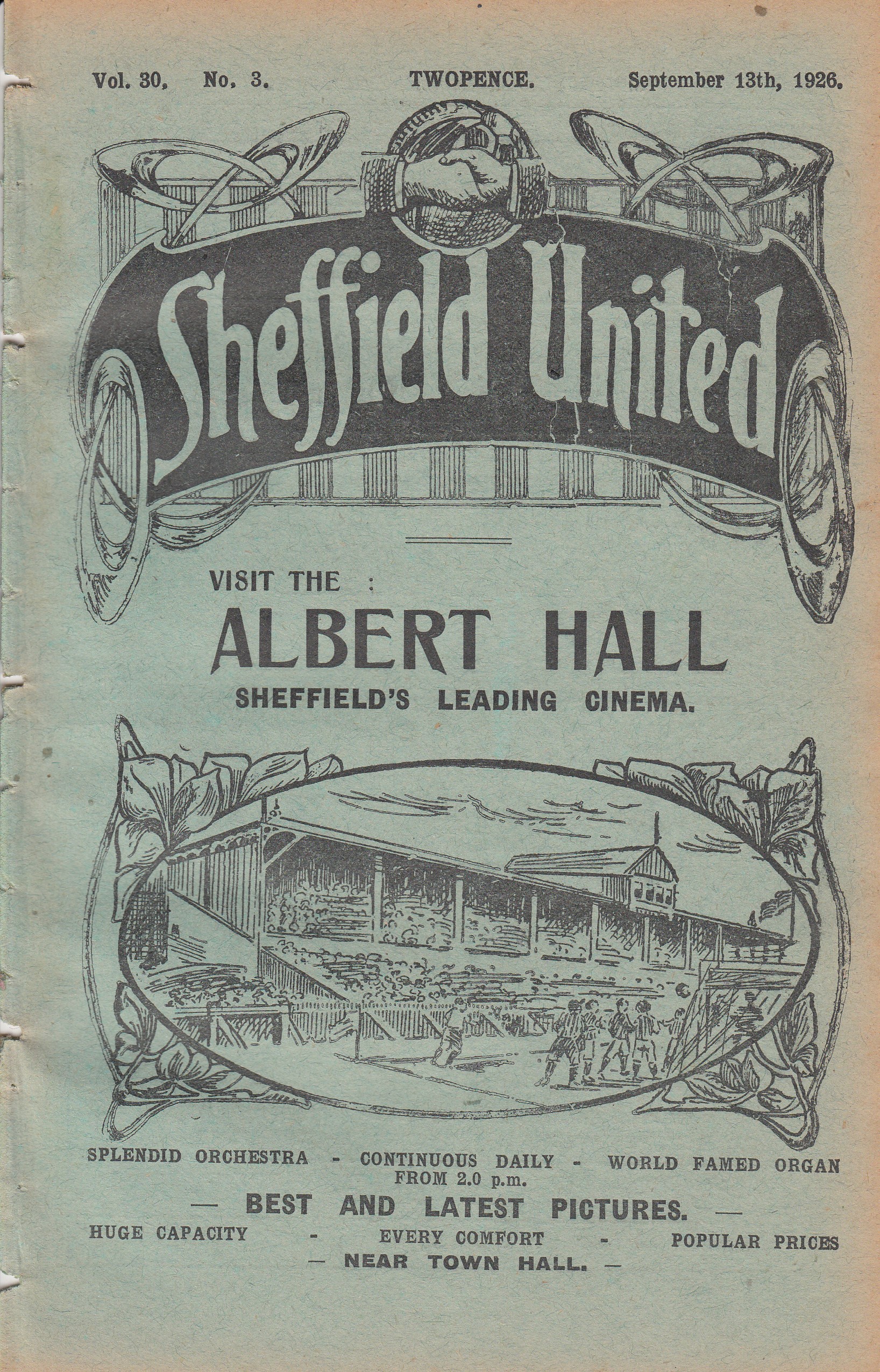 SHEF UTD - DERBY 1926 Shef Utd home programme v Derby County, 13/9/1926, ex bound volume, slight