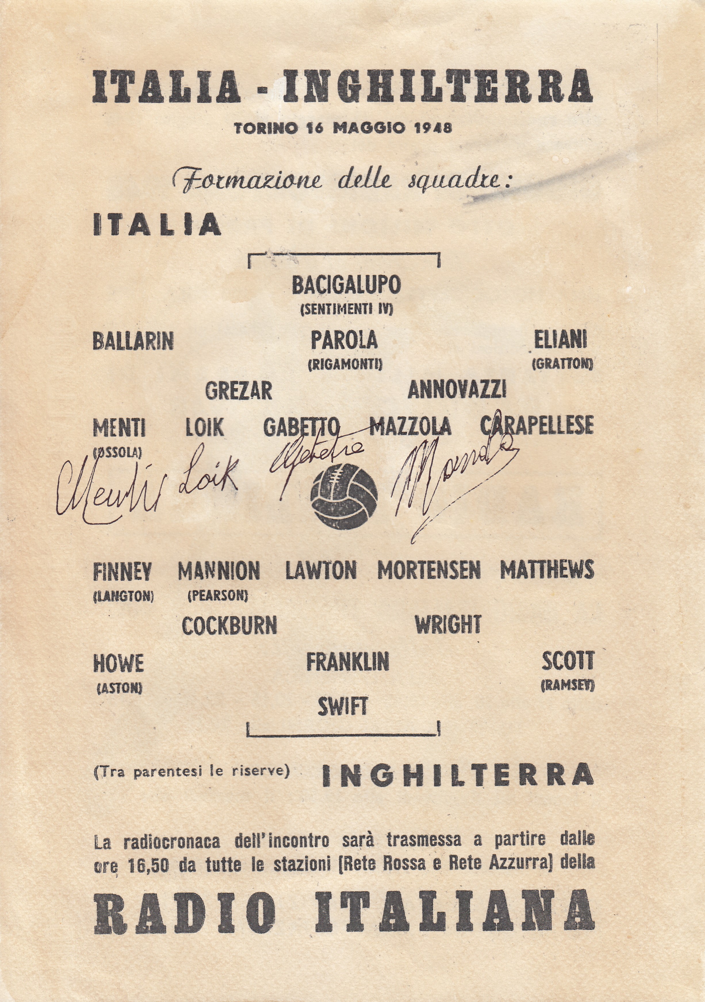 1948 ITALY V ENGLAND Friendly played 16 May 1948 at Stadio Comunale, Turin. Very scarce single sheet