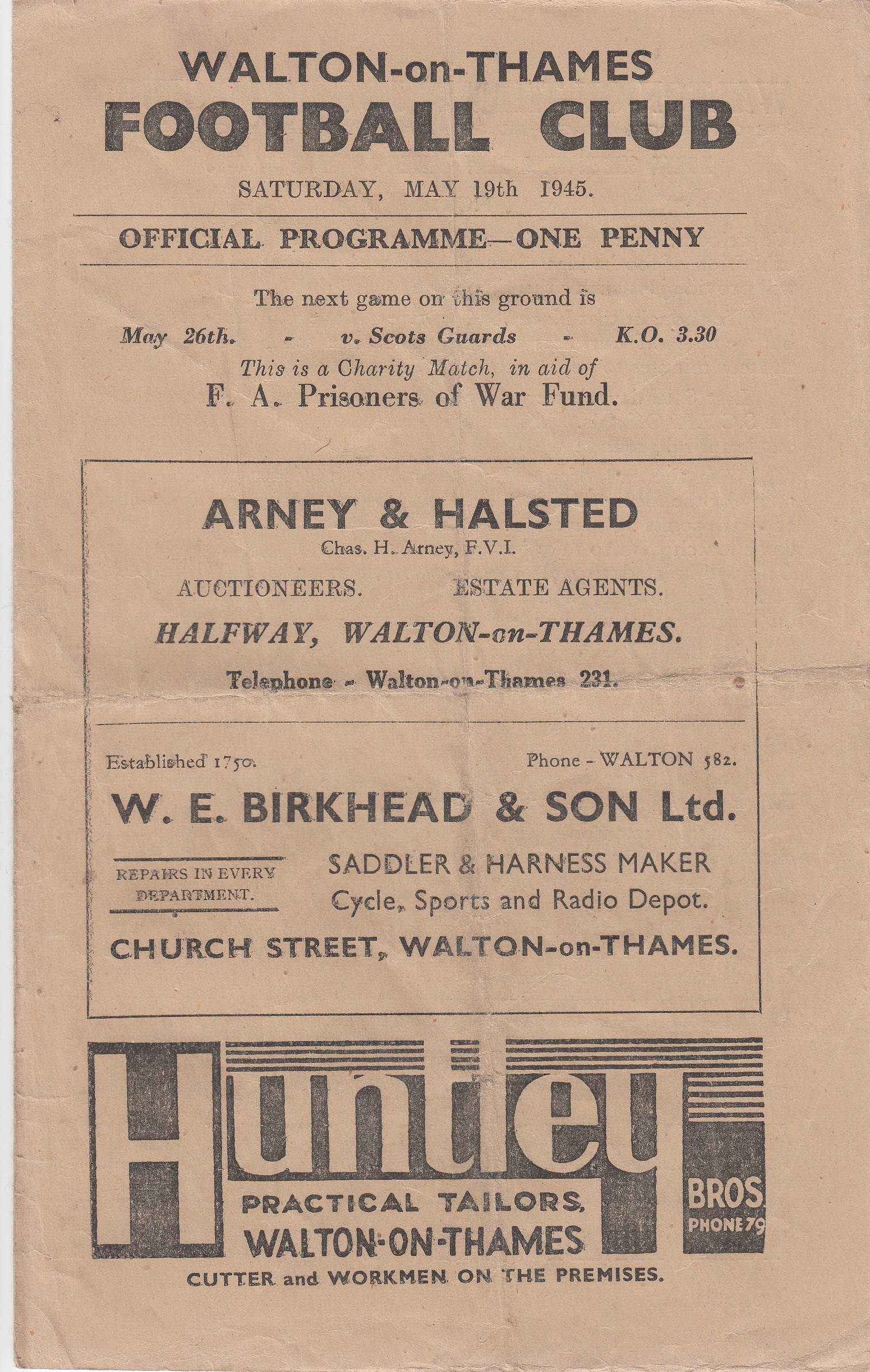 WALTON - ON - THAMES FC 45 Walton on Thames FC four page programme, 19/5/45, Surrey Junior Cup - Image 2 of 3