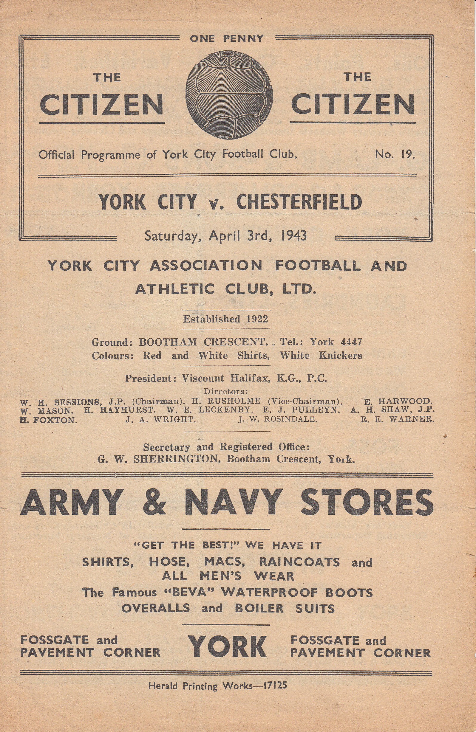 YORK - CHESTERFIELD 1943 York home programme v Chesterfield,, 3/4/43, four page issue, League War