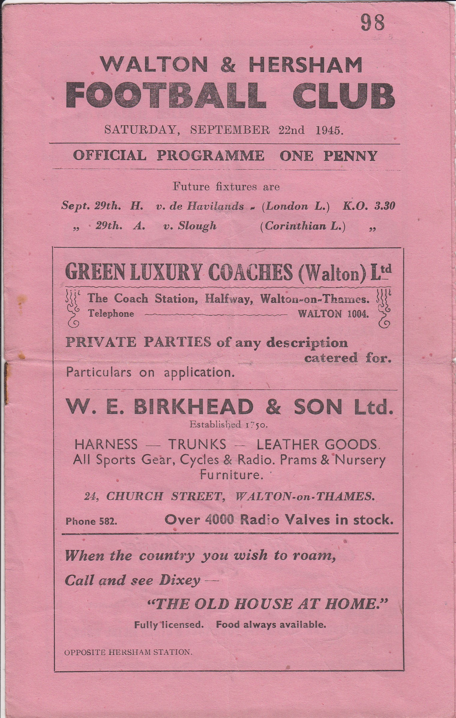 WALTON - EPSOM CUP 45 Walton & Hersham v Epsom programme, FA Cup, 22/9/45, first FA Cup game for the