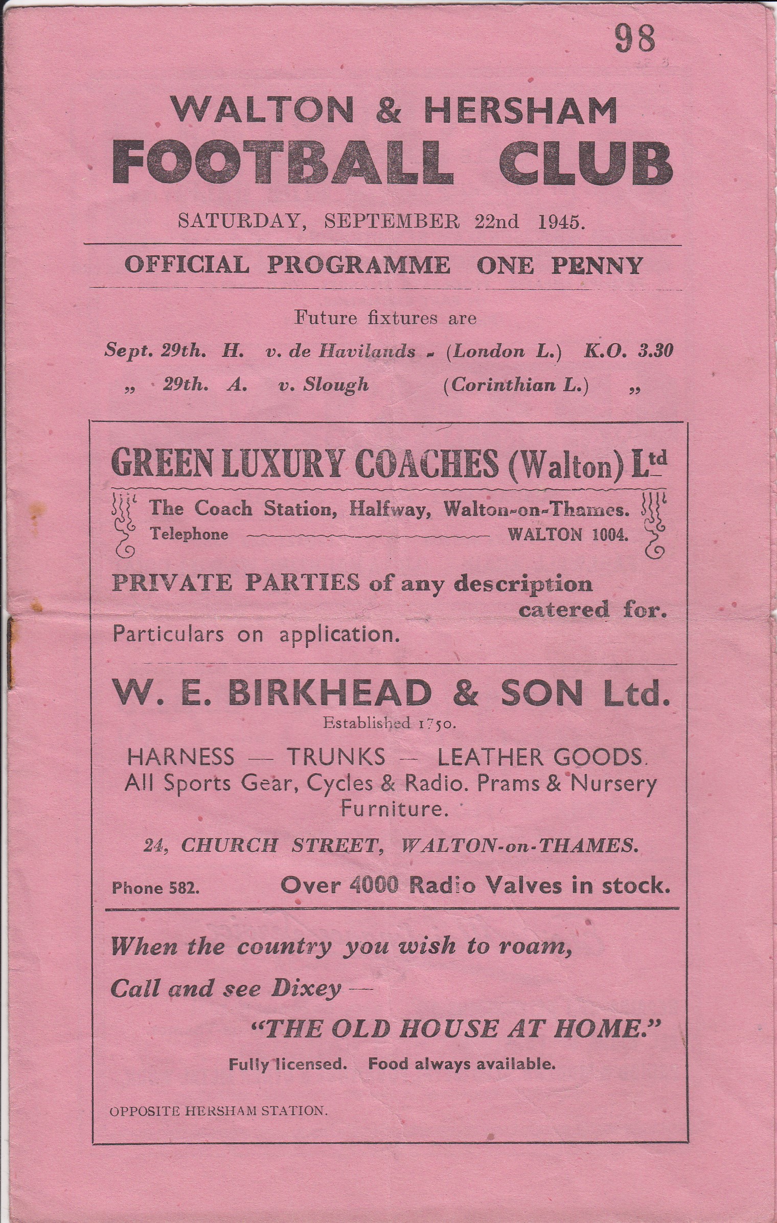 WALTON - EPSOM CUP 45 Walton & Hersham v Epsom programme, FA Cup, 22/9/45, first FA Cup game for the - Image 2 of 3