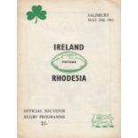 IRELAND RUGBY UNION Programme for the away match v. Rhodesia 24/5/1961. Good