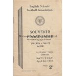 ENGLAND - WALES SCHOOLS 1937 Programme, England Schools v Wales Schools 3/4/1937 at Grimsby, sixteen