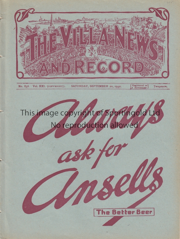 ASTON VILLA - LIVERPOOL 1930 Aston Villa home programme v Liverpool, 20/9/1930, ex bound volume.