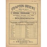 CLAPTON ORIENT - BOURNEMOUTH 1936 Clapton Orient home programme v Bournemouth, 17/10/1936, folds,