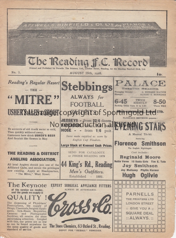 READING - MIDDLESBROUGH 1928 Reading home programme v Middlesbrough, 25/8/1928, tears to edges,