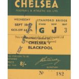 CHELSEA Ticket Chelsea v Blackpool 10th September 1952. Some light marks. Generally good