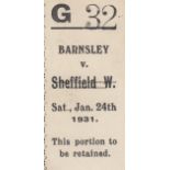 BARNSLEY v SHEFFIELD WEDNESDAY Match ticket stub dated 24/1/1931. Generally good