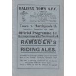 HALIFAX - HARTLEPOOLS 1933 Halifax Town home programme v Hartlepools Utd 9/12/1933, FA Cup. Good