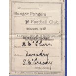 BANGOR RANGERS FC Membership card for 1910. Good